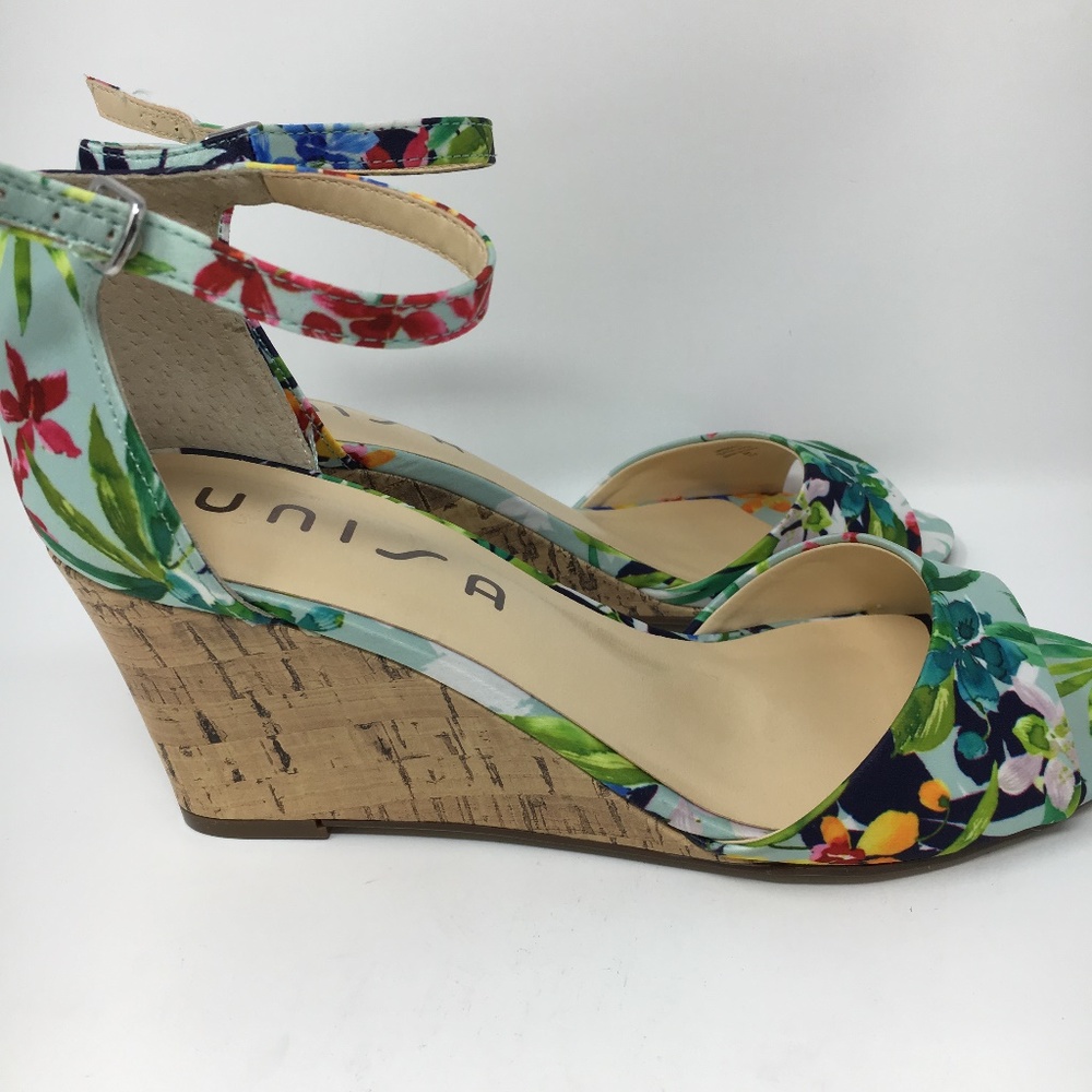 Unisa Floral Light Blue Cork Wedge Sandals Size 8
